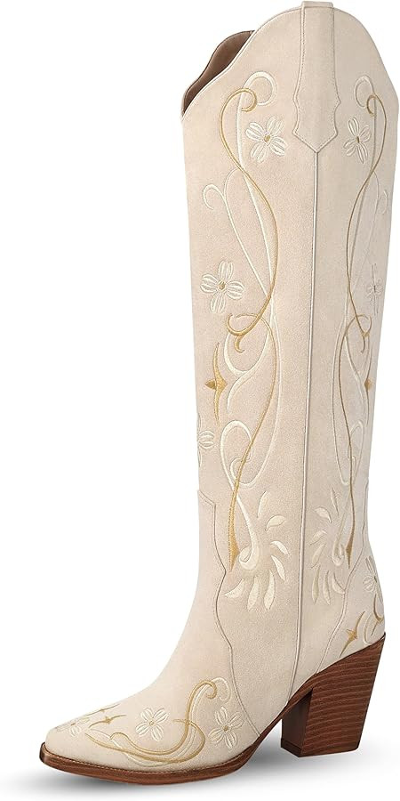 Cowboy Boots for Women, Knee High Cowgirl Boots with Pointed Toe, Chunky Heel, Floral Embroidery ... | Amazon (US)