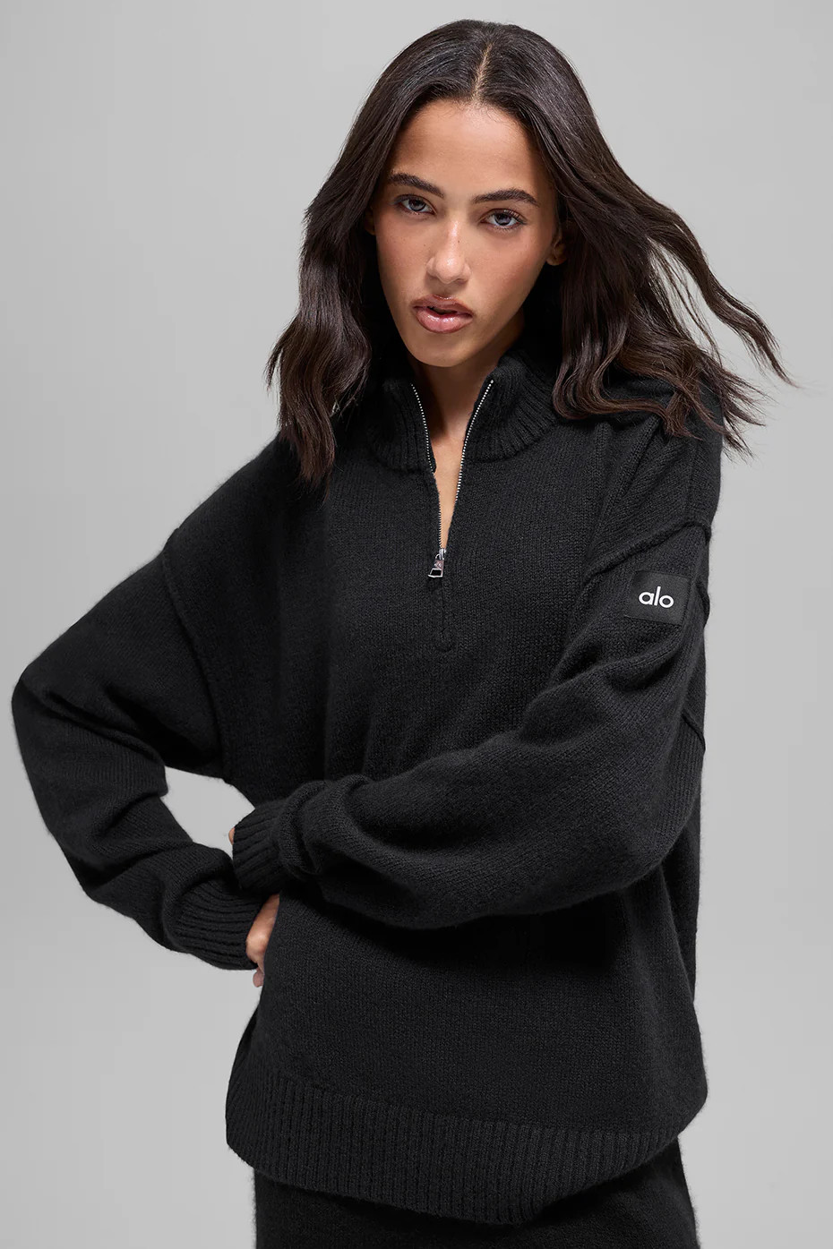 ALO | Wool Cashmere New Class 1/4 Zip Pullover Top in Black, Size: 2XS | Alo Yoga (US)