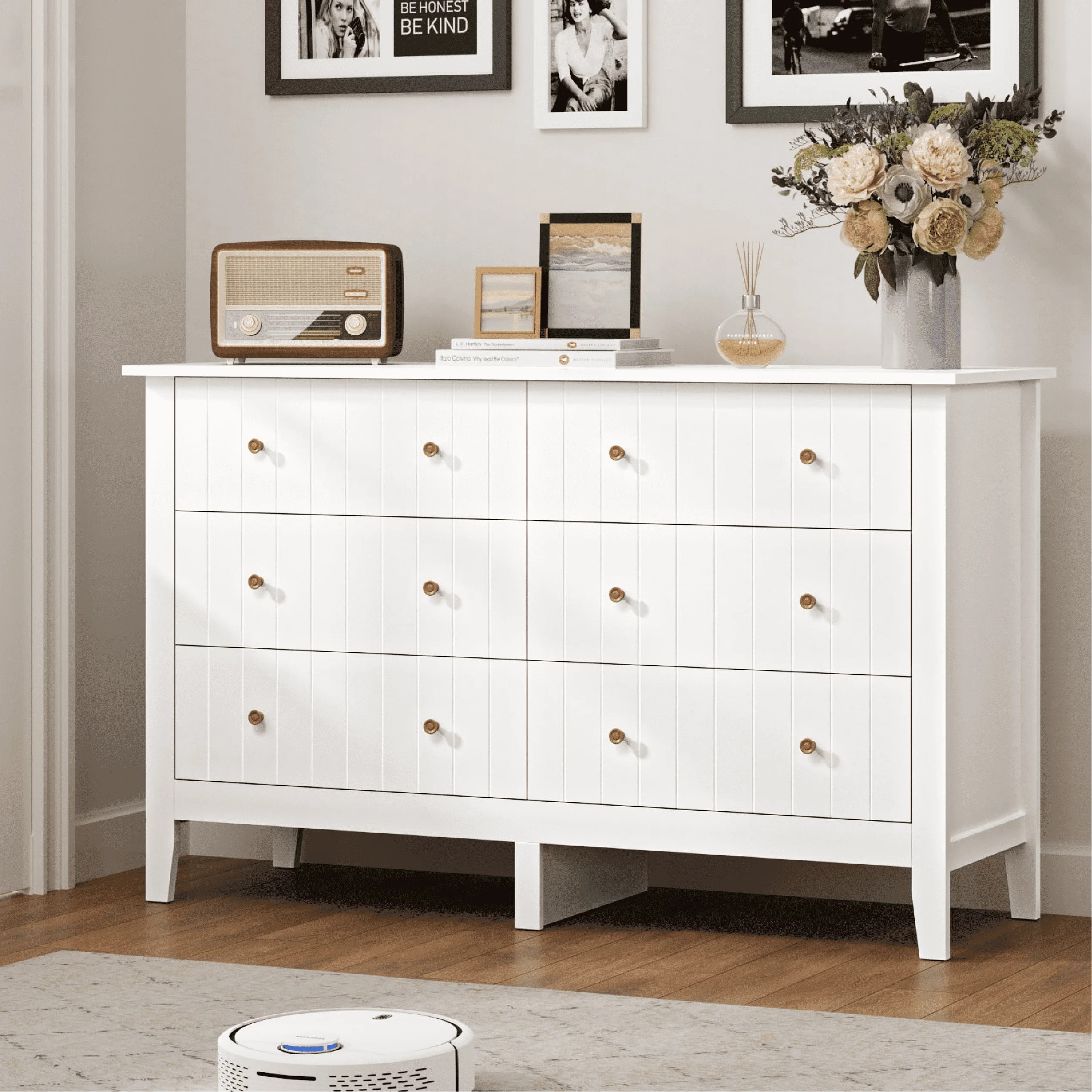 Homfa 6 Drawer Double White Dresser for Bedroom, Modern Dresser Wood Storage Cabinet with Classic... | Walmart (US)