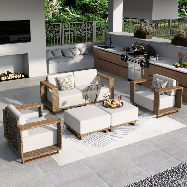 MF Studio 5-Piece Patio Furniture Set, Wicker Outdoor Conversation Set with 2 Ottomans & Thick Cu... | Walmart (US)