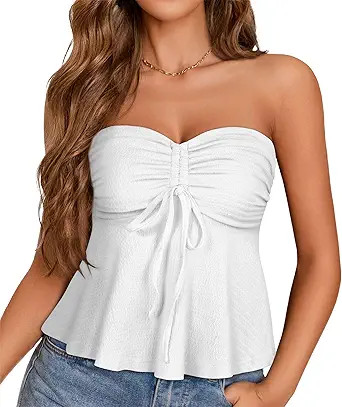 Tube Tops for Women Strapless Tie Front Ruched Tops Peplum Flared Hem Casual Bandeau Top | Amazon (US)
