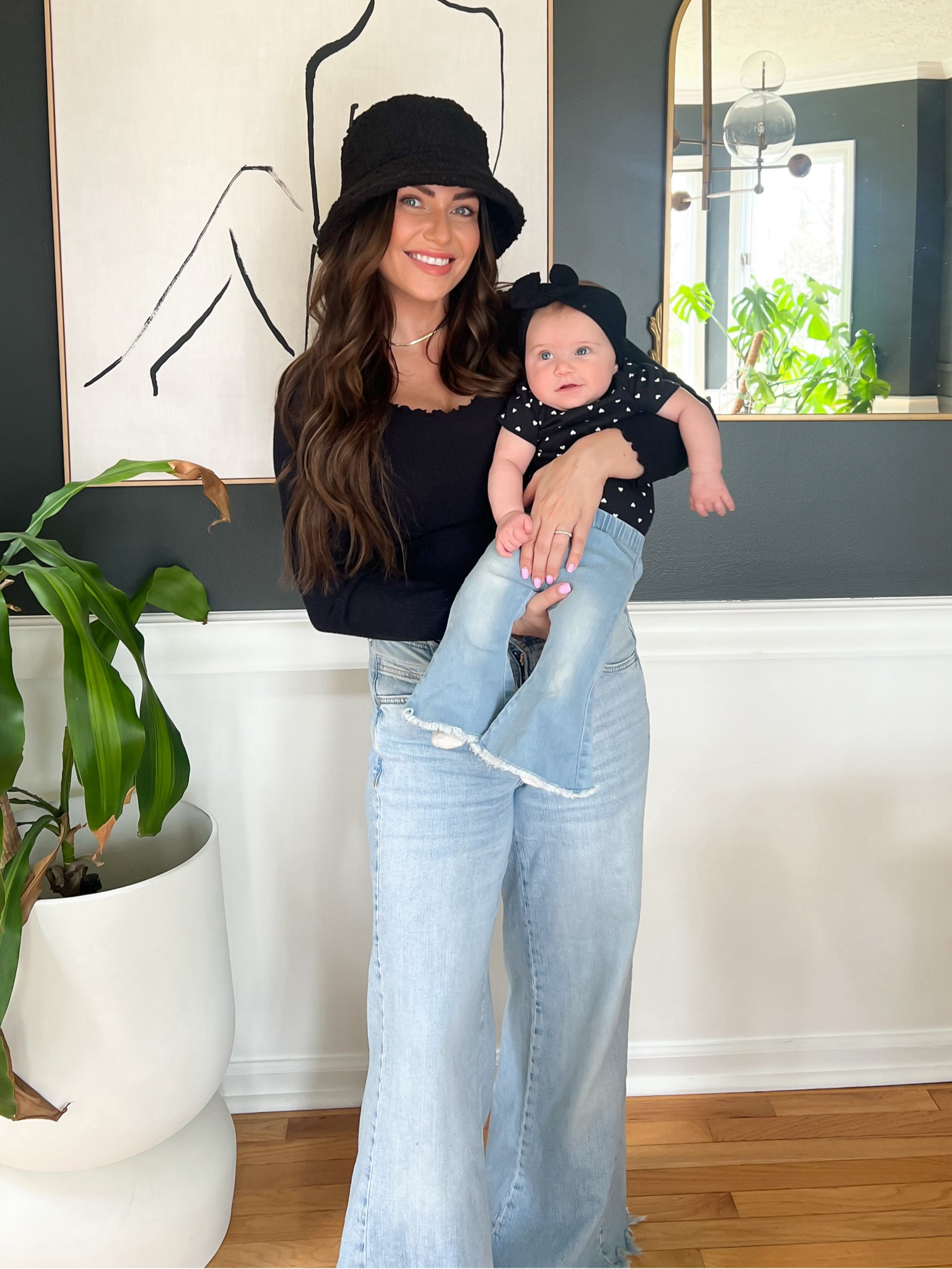 Wide leg jean, off the shoulder black crop top, black bucket hat 

#LTKstyletip #LTKfindsunder50