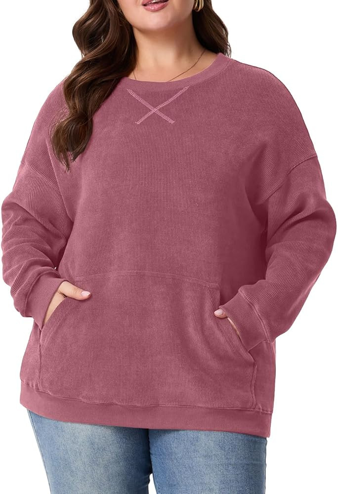 OLRIK Women Plus Size Sweatshirt Oversized Corduroy Crewneck Pullover Sweater with Kangaroo Pocke... | Amazon (US)