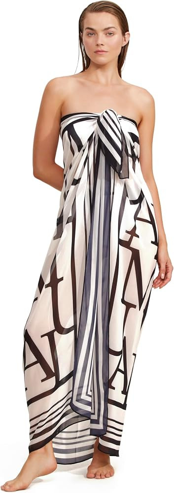 Gottex Luma Women's Large Signature Print Pareo Semi-Sheer White with Stripe Border Versatile Cov... | Amazon (US)