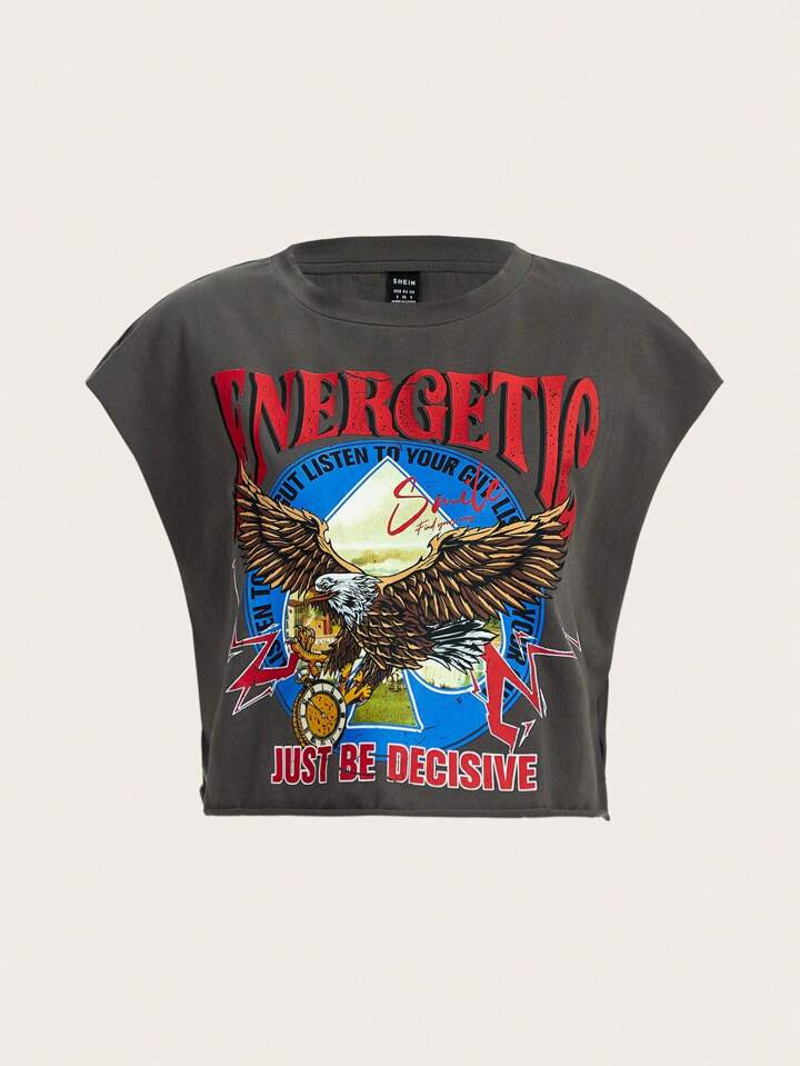 SHEIN EZwear Summer Eagle And Slogan Batwing Sleeve T-Shirt | SHEIN