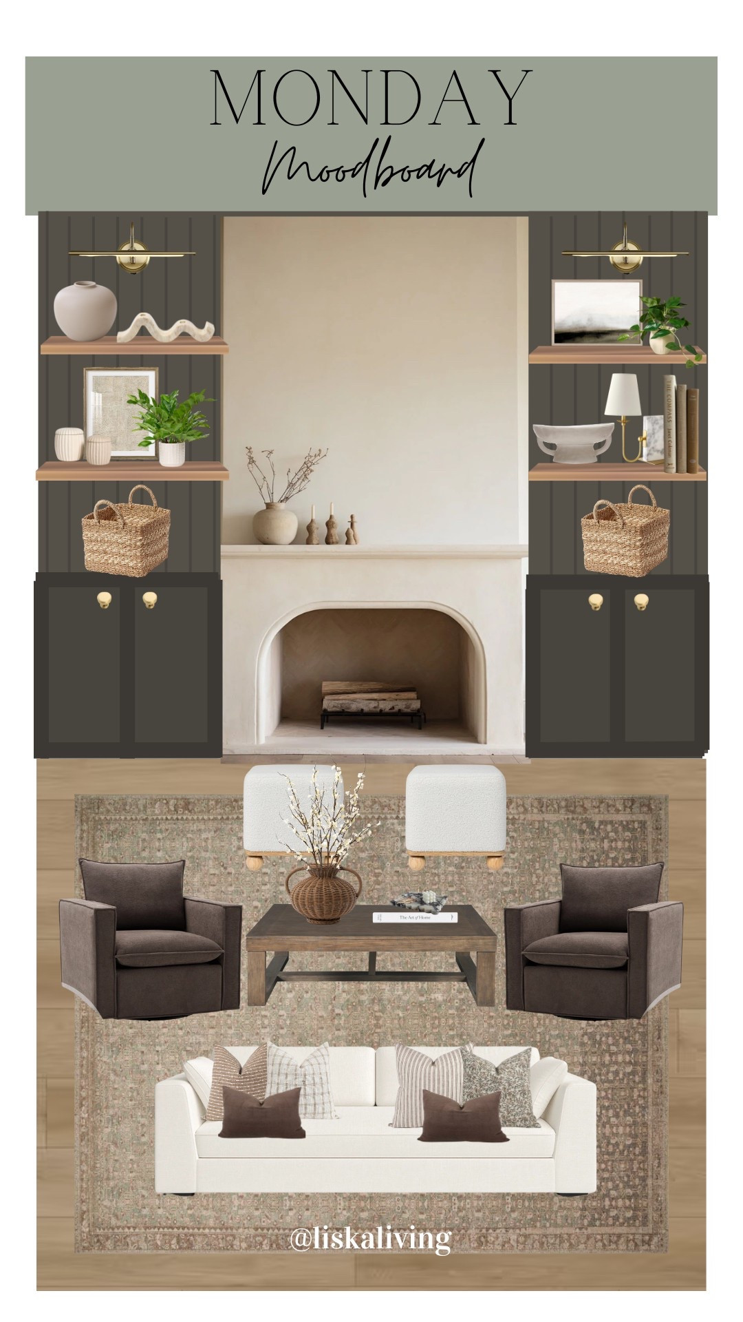 ✨MONDAY MOODBOARD - LIVING ROOM✨ 

Okay I had originally gone into this with intentions of a primary bedroom, but I recently saw these cute little ottomans and wanted to use them! 

Also, this fireplace is such a statement 🤩 I love the curved opening and simple, but overstated mantel 🤌🏻 The contrast with the dark built-ins is giving major vibes 🔥

Would love to know your favorite part! The color of the built-ins is Urbane Bronze by @sherwinwilliams! A favorite of mine for sure!
.
.
.
.
.
.

#mondaymoodboard #moodboardaccount #moodboardinterior #moodboardpage #moodboardinspiration #designboard #interiordesign #homestyling #homestylinginspo #earthyneutrals #modernorganic #transitionalstyle #brownpaint

#LTKStyleTip #LTKFindsUnder100 #LTKHome