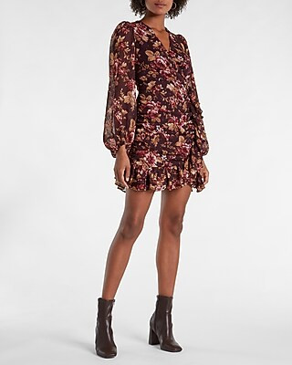Floral Print Faux Wrap Ruffle Mini Dress | Express