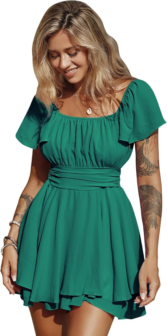 EXLURA Women's 2026 Summer Ruffle Short Sleeve Tie Back Romper Dress Square Neck A Line Cute Dres... | Amazon (US)