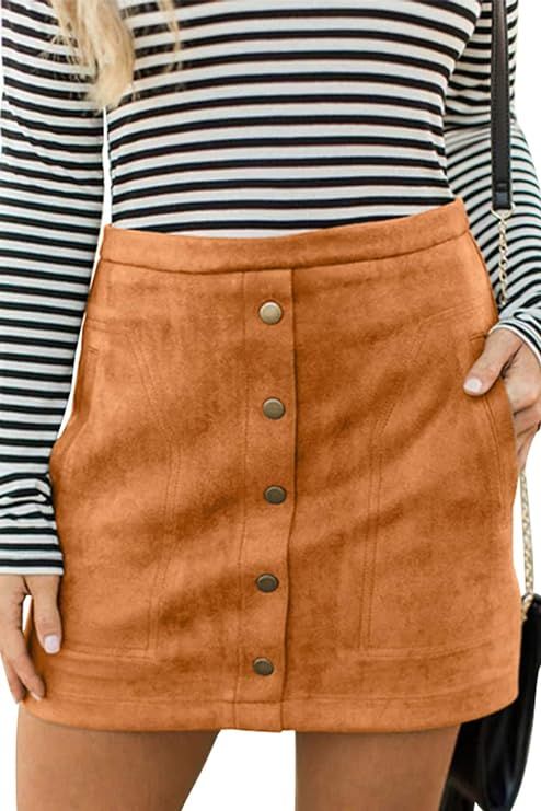 Meyeeka Women's Button Front Faux Suede High Waist A-line Mini Skirt with Pocket | Amazon (US)