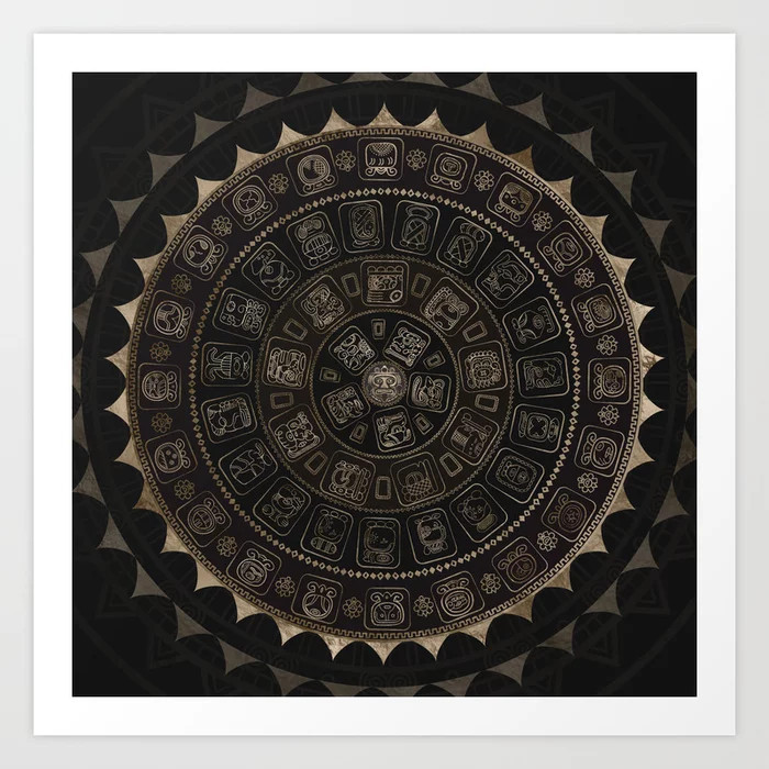 Maya Calendar Glyphs Pastel Gold on brown Art Print | Society6