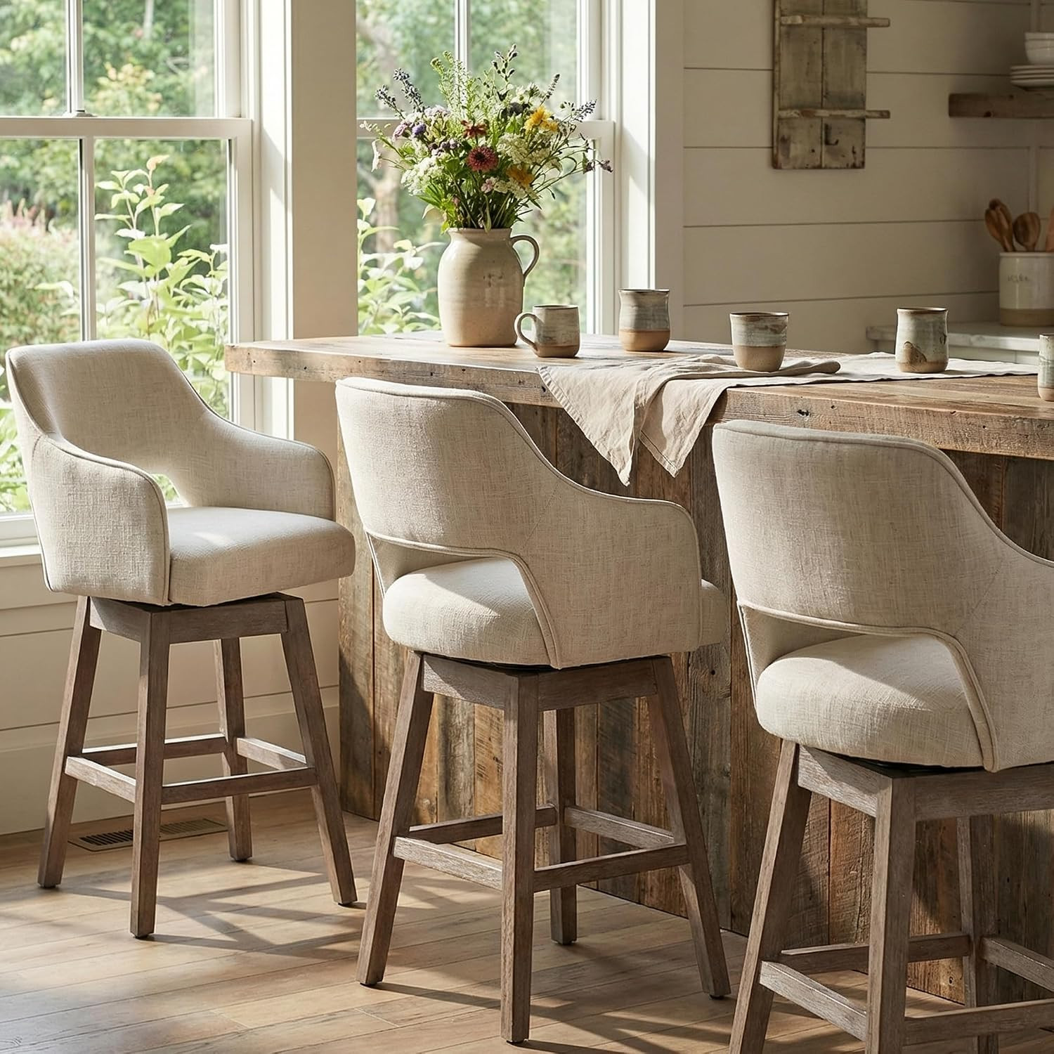 27 inch Swivel Counter Stools Set of 3, Farmhouse Counter Height Barstools with Back and Wood Legs, Linen Upholstered Dinner Stool Chair for Home Pub/Kitchen Island, Beige | Amazon (US)