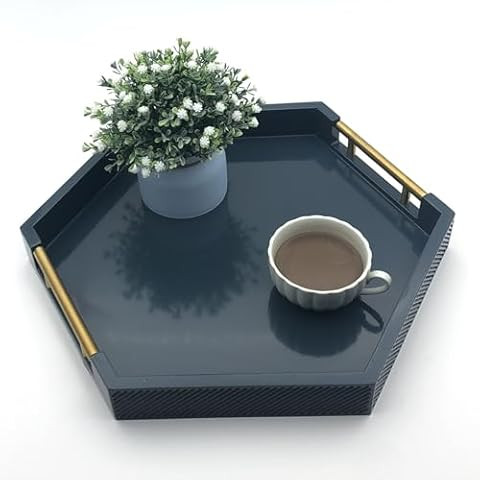 Kate and Laurel Lipton Hexagon Decorative Tray with Polished Metal Handles, Navy Blue and Gold | Amazon (US)