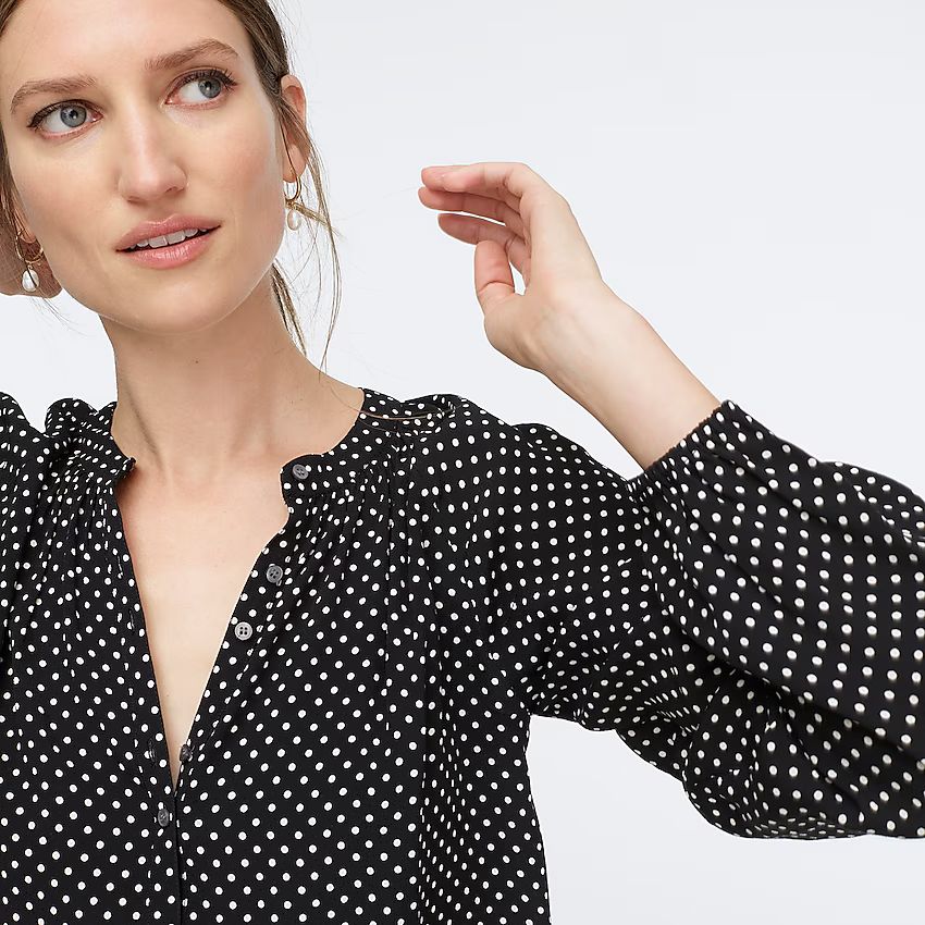 Long-sleeve drapey popover top in polka dots | J.Crew US