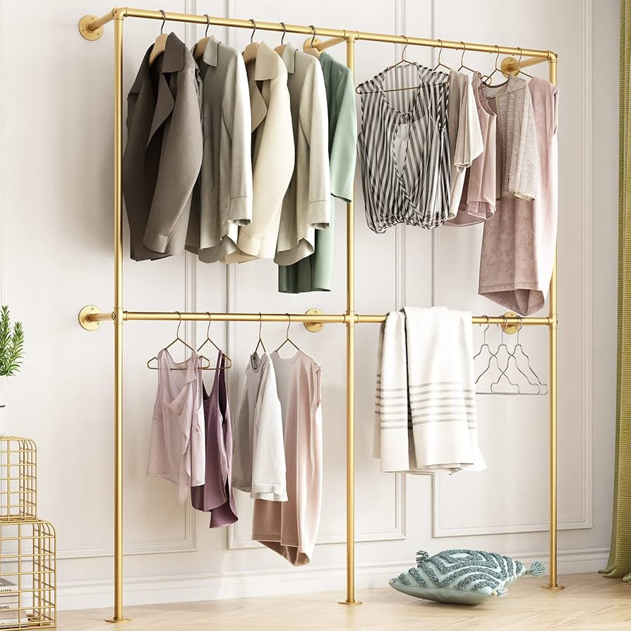 BOSURU Industrial Pipe Clothing Rack Wall Mounted,Clothes Racks with Double Hanging Rods for Clos... | Amazon (US)