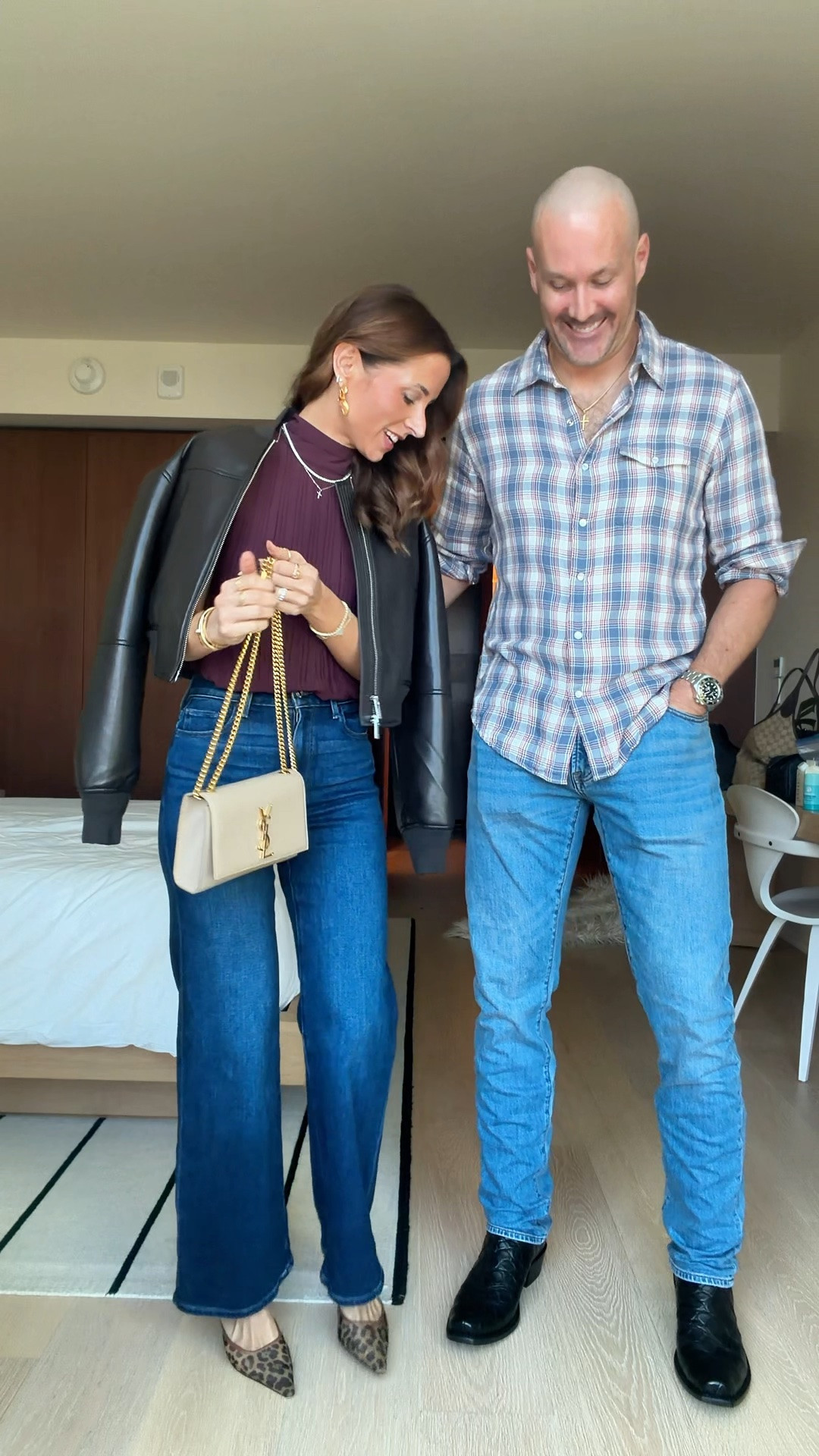 My concert outfit. Aritzia top in 2XS. Faux leather bomber jacket in 2XS. Paige wide leg jeans in 23 petite - this style runs a little big. Leopard heels are older. YSL purse. Date night outfit. Dinner outfit.