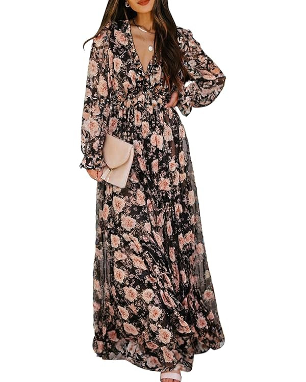 BLENCOT Womens Casual Boho Deep V Neck Short Sleeve Long Dress | Amazon (US)