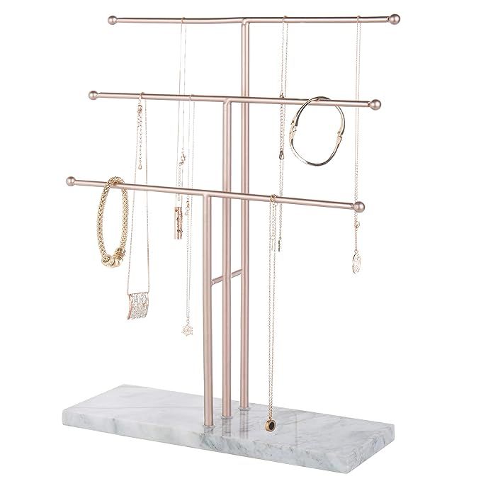 MyGift 3-Tier Rose Gold-Tone Metal T-Bar Necklace Display Stand with Stone Base | Amazon (US)