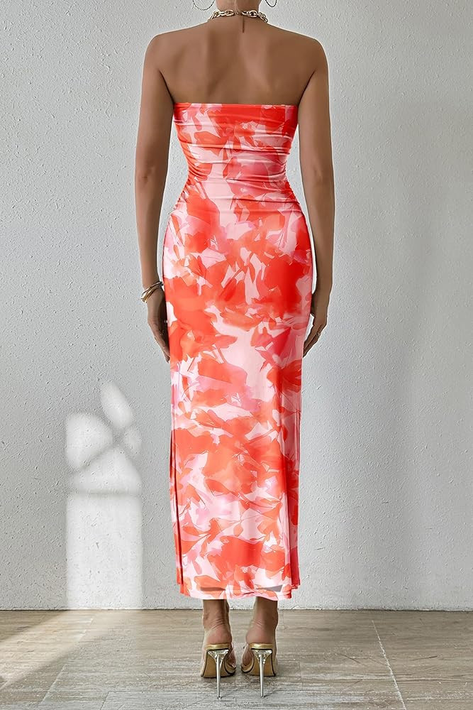 PRETTYGARDEN Women's Summer Maxi Bodycon Dresses Strapless Tube Top Slit Floral Printed Party Clu... | Amazon (US)