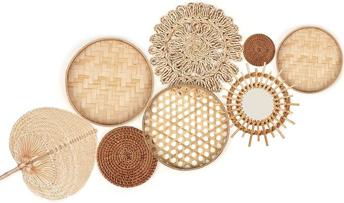 Unittype Wall Basket Decor Set of 8 Boho Wicker Wall Handmade Decor with Rattan Mirror Farmhouse ... | Amazon (US)