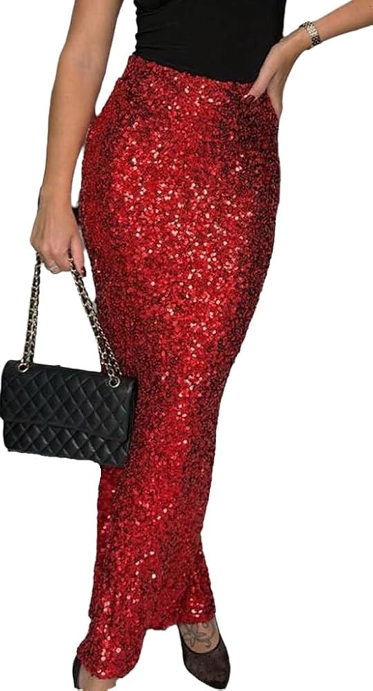 Wuitrie Skirts for Women 2025 Trendy Skirt Elastic High Waist Sequins Long Skirt Wrap Hip Fishtai... | Amazon (US)
