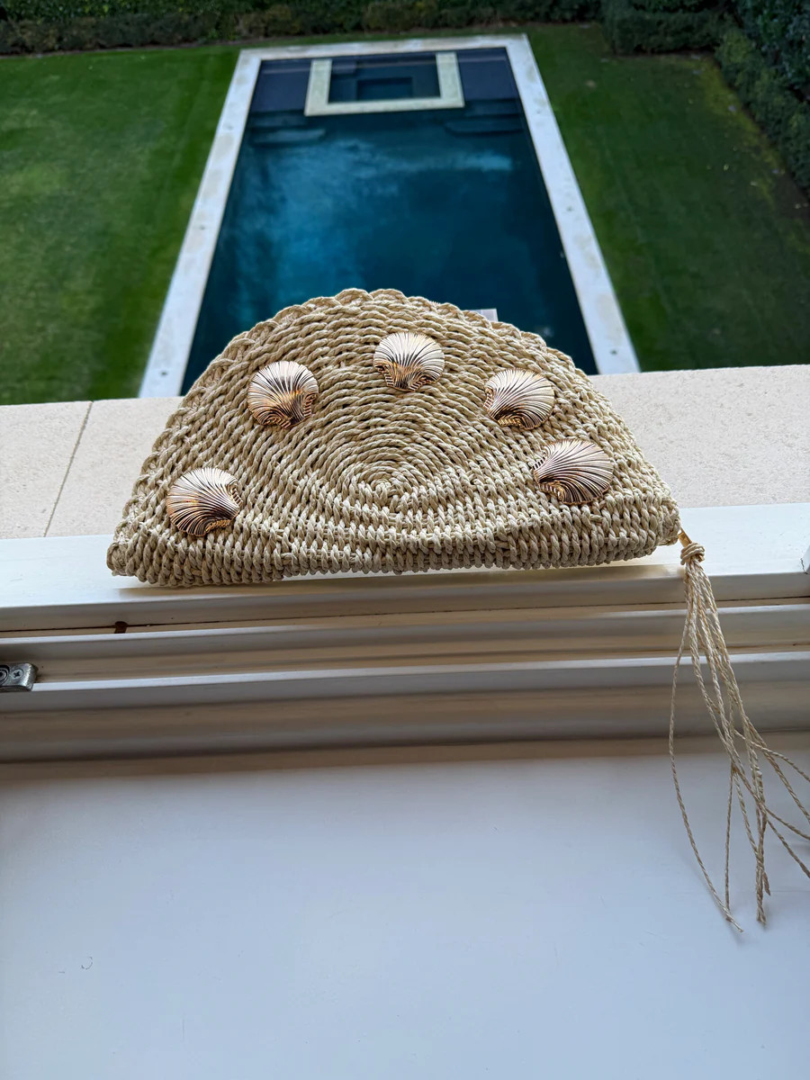 Helen Straw Half-Moon Clutch with Shell Embellishments | Benaar La
