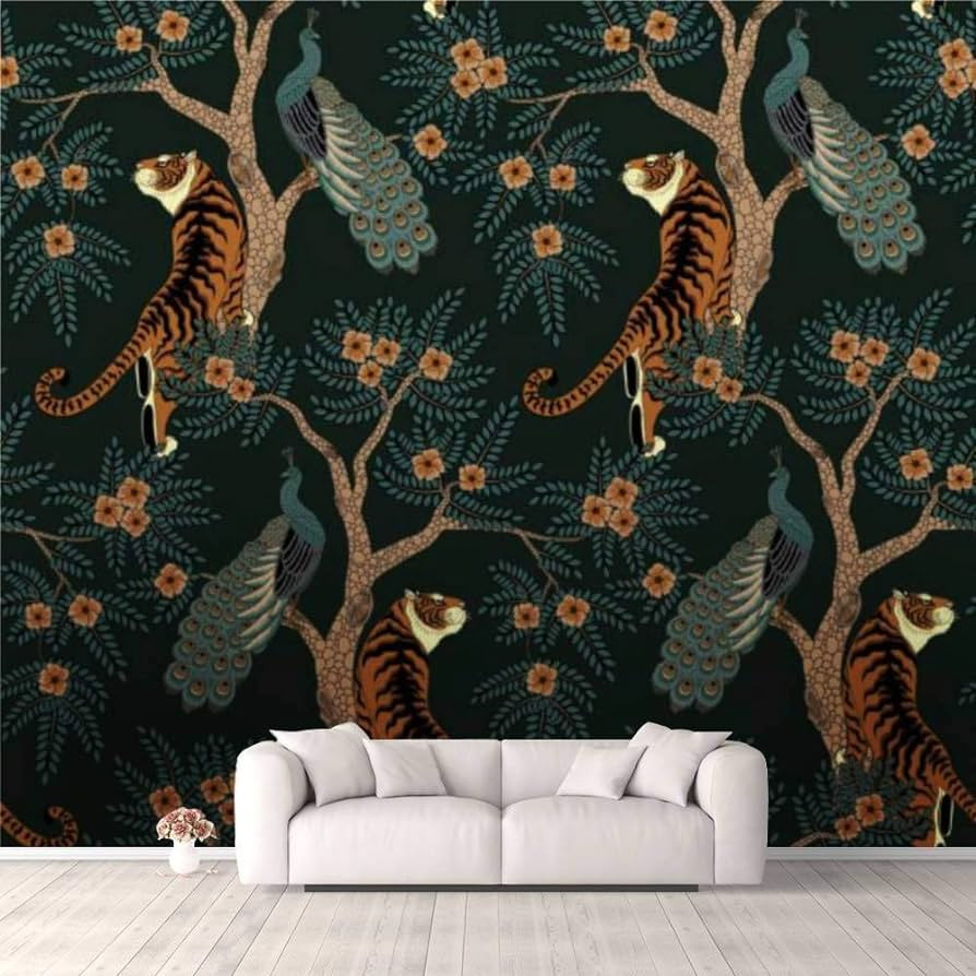 3D Wallpaper tiger and peacock Seamless pattern with tiger and peacock on tree with Self Adhesive... | Amazon (US)