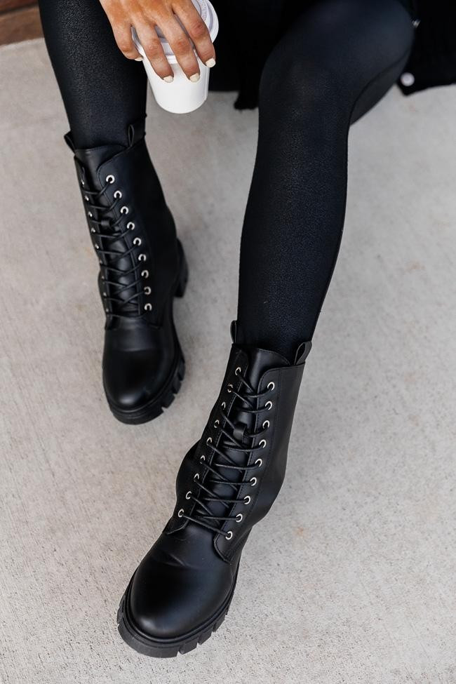 Trina Black Leather Combat Boots | The Pink Lily Boutique