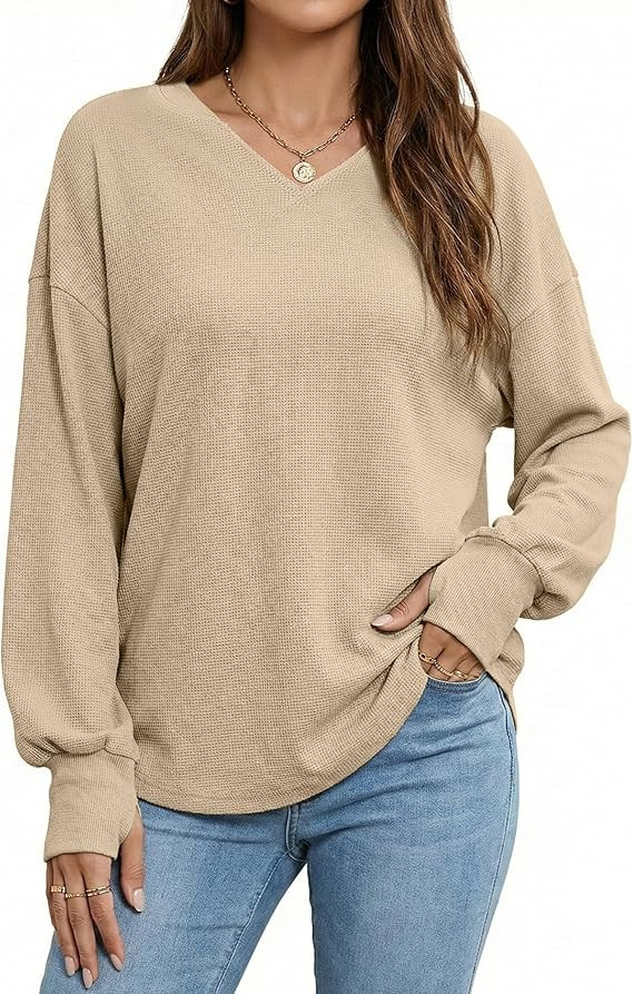 Bsubseach Womens Waffle Knit Tops Long Sleeve V Neck Shirts Dressy Casual Blouse 2026 Spring Loos... | Amazon (US)