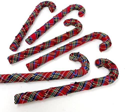 Set of 6 Red Tartan Plaid Homespun Fabric Covered Candy Cane Ornaments for Christmas by Marilee H... | Amazon (US)