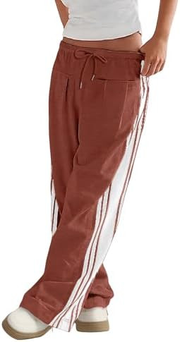 Womens Wide Leg Track Pants Side Striped Casual Drawstring Baggy Palazzo Pant with Pockets | Amazon (US)