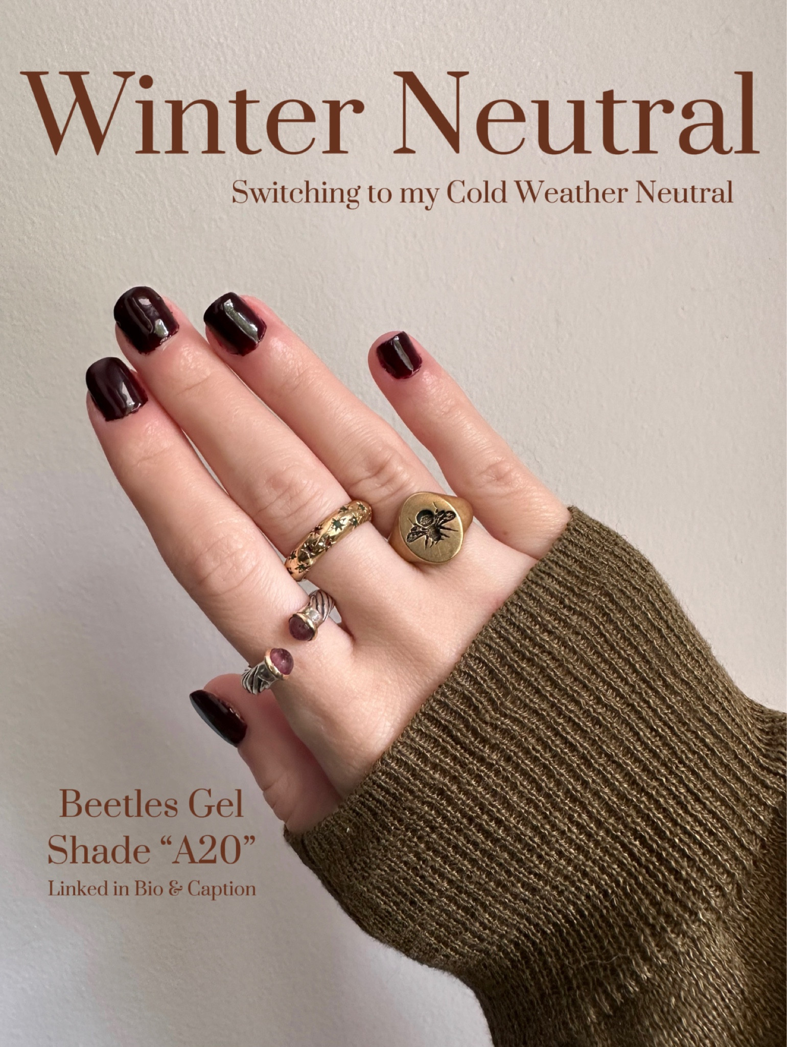 Favorite “winter neutral” nail color and it comes in a pack of 20 for the same price as my go to traditional nail polish 

Tagged everything you need for an at home gel manicure below and the pack as “exact item” 

Rings (L>R) 
▪️Antique David Yurman (current version linked)
▪️Family Heirloom 
▪️Vera Meat (linked similar)

____________________________

Fall nails | dark nails | short nails | at home gel | gel manicure | jcrew | green sweater | signet ring | David yurman | silver jewelry | gel nails | diy nails 

#LTKfindsunder50 #LTKbeauty #LTKSeasonal