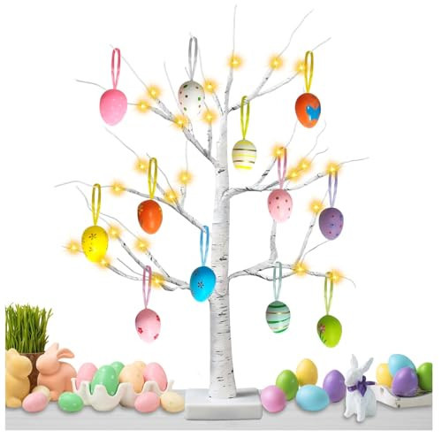 Easter Decorations 24 Inch Artificial Lighted Easter Egg Tree, Pre-lit White Birch Tree with 12 Hanging Egg Ornaments for Party Birthday Home Spring Decoration | Amazon (US)