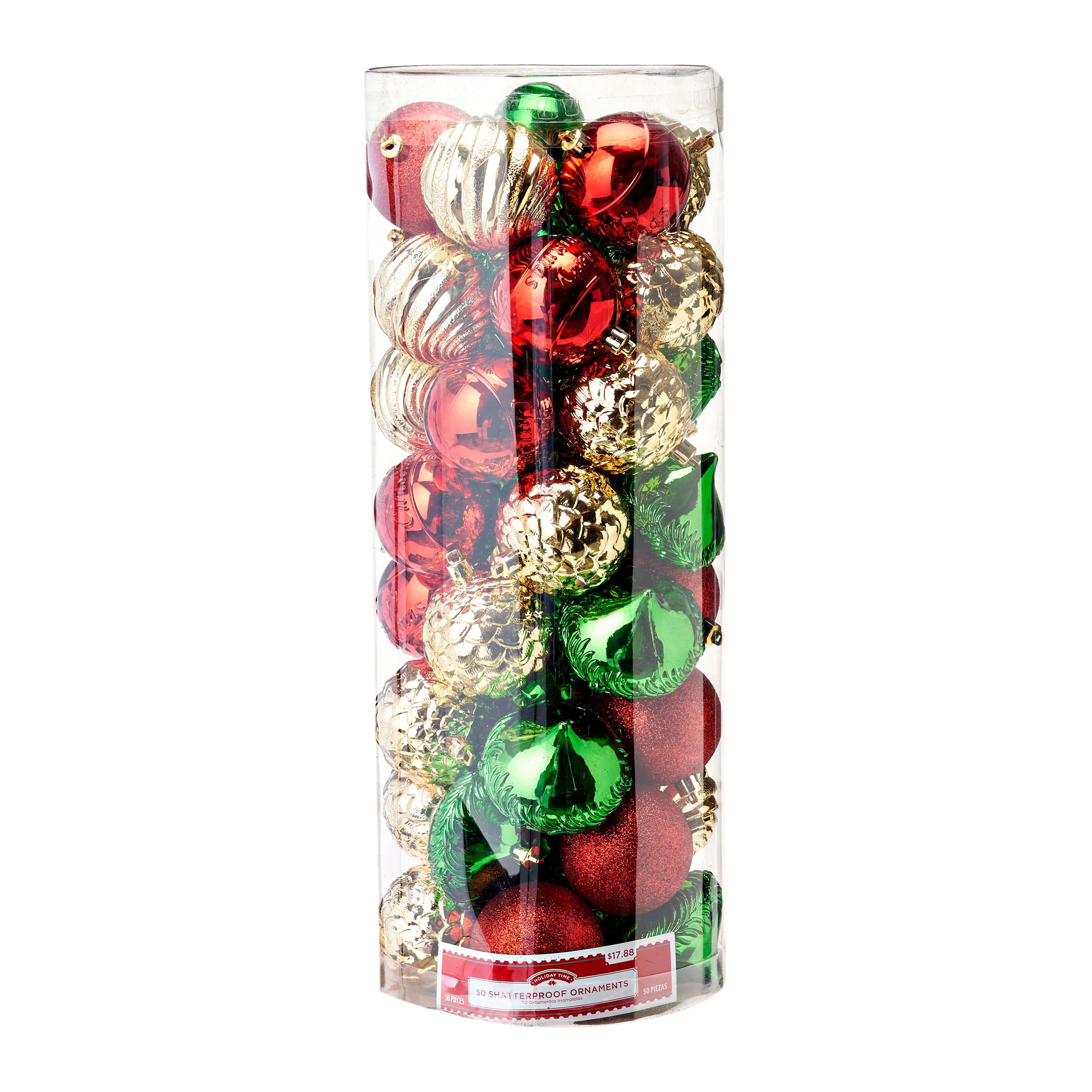 Holiday Time Red, Green & Gold Shatterproof Christmas Ornaments, 50 Count - Walmart.com | Walmart (US)