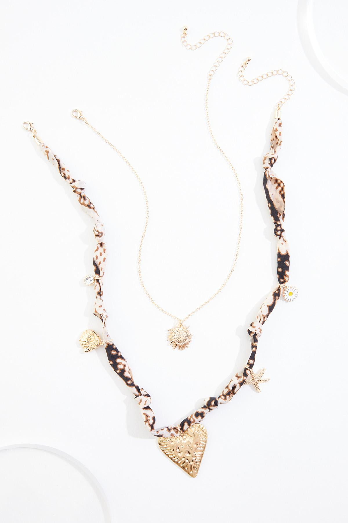 Gold Heart Fabric Chain Layered  Charm Necklace | Cato Fashions