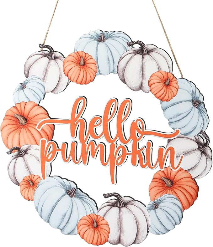 Pumpkin Door Hanger, Fall Hanging Sign Pumpkin Wreath, Hello Pumpkin Door Sign, Wooden Fall Front... | Amazon (US)