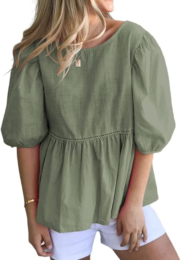 REDMORE Womens Summer Peplum Tops Loose Casual Tunic 2023 Balloon Sleeve Blouses Crew Neck Cute S... | Amazon (US)