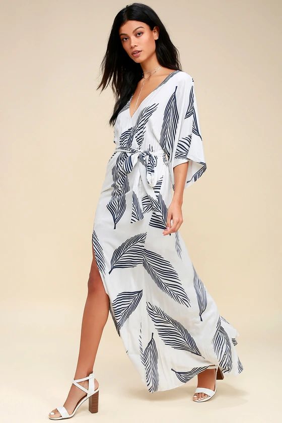 Sign of the Times White and Navy Blue Leaf Print Maxi Dress | Lulus (US)