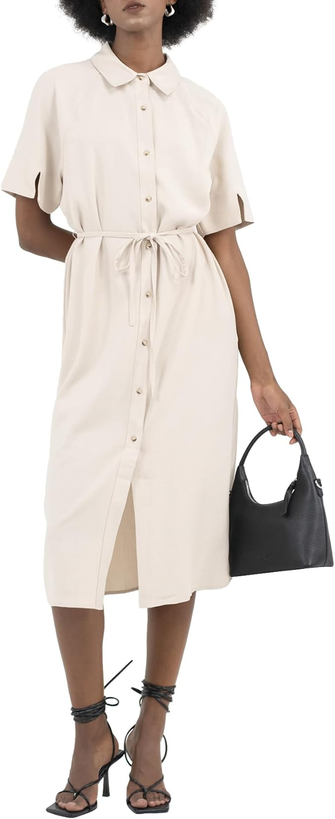 Womens Shirtdress Tie Waist Short Raglan Sleeves Slit Spread Collar Button Midi Work Office Busin... | Amazon (US)