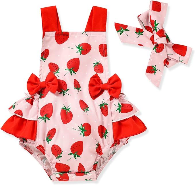 GRNSHTS Infant Baby Girls Ruffle Romper Toddler Sleeveless Halter Bodysuit Jumpsuit+Headband Summ... | Amazon (US)