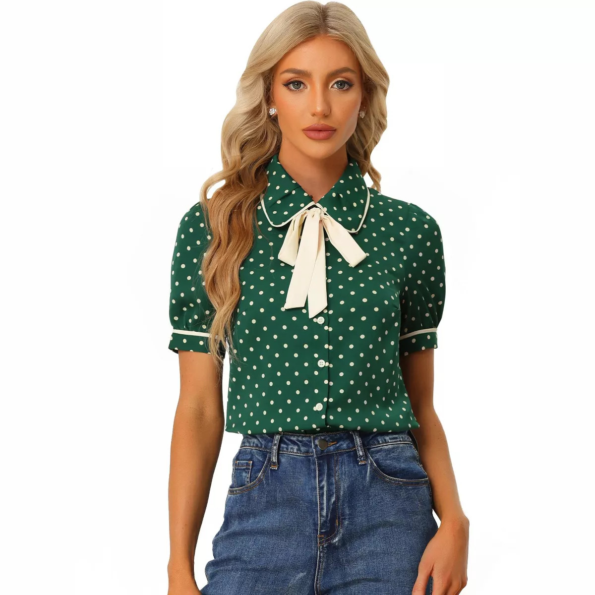 Allegra K Women's Polka Dots Peter Pan Collar Tie Neck Short Sleeve Shirt | Target
