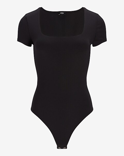 Body Contour Double Layer Ribbed Square Neck Thong Bodysuit | Express