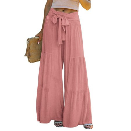 Suanret Women Wide Leg Pants High Waist Boho Pants Flowy Elastic Waist Tiered Palazzo Pants Lounge B | Walmart (US)