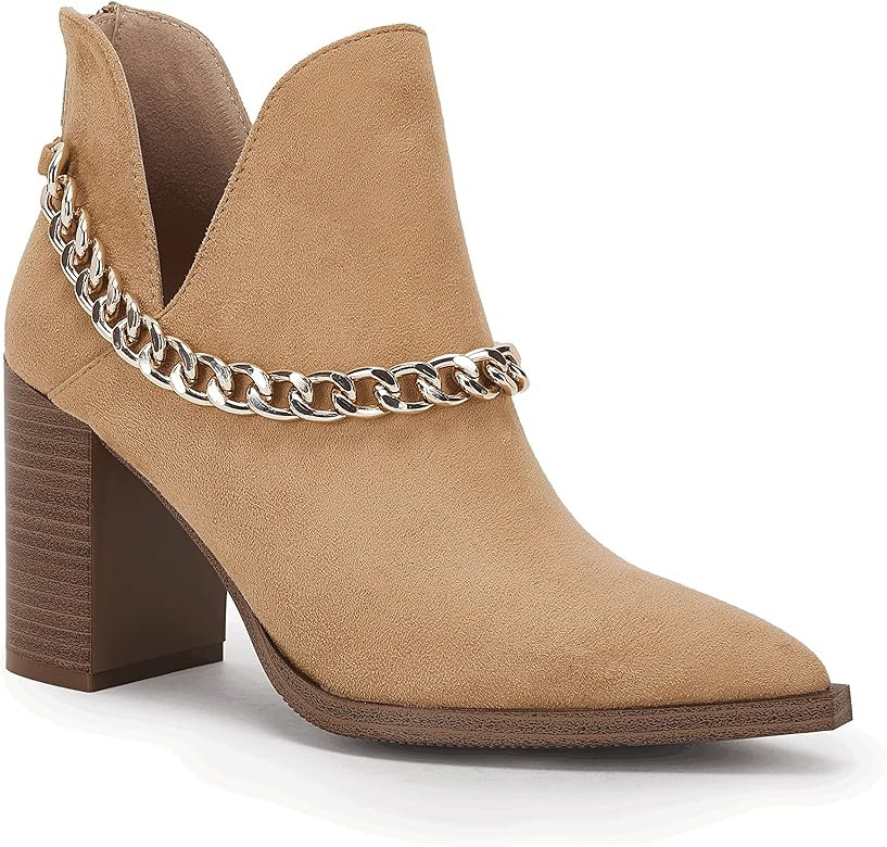Womens Cut Out Ankle Boots Gold Chain Chunky Heel Back Zipper Almond Toe Western Booties | Amazon (US)
