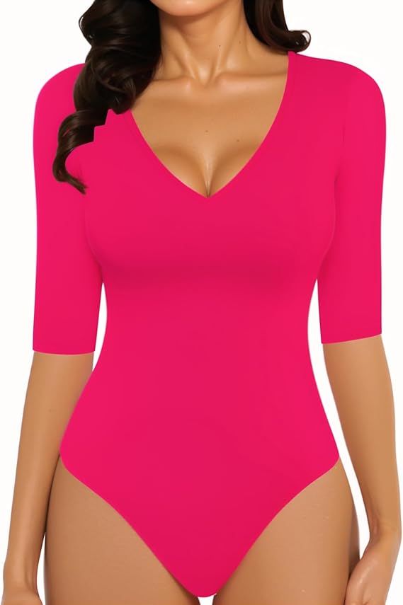MANGOPOP Half Sleeve Bodysuit V Neck Bodysuit Shirts for Women | Amazon (US)
