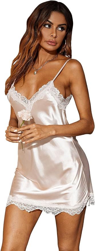 SweatyRocks Women's Satin Lace Lingerie V Neck Sleeveless Nightgown Sleepwear Cami Dress | Amazon (US)