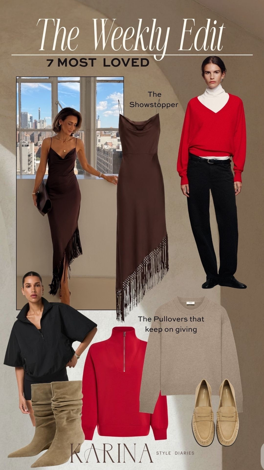 The weekly Edit: 7 most loved items by you! 
I found the dress stocked in most sizes in one retailer! Red is a hit lately, the v-neck sweater is a great deal, the half-zip pullover one you can wear time and time again for travels or leisure days. Love seeing the retro t-shirt here, such a great one to dress up or down! The cashmere crewneck is the perfect neutral shade for layering! Loafers have the YSL look for much less (on sale!)

#LTKSeasonal #LTKSaleAlert #LTKTravel
