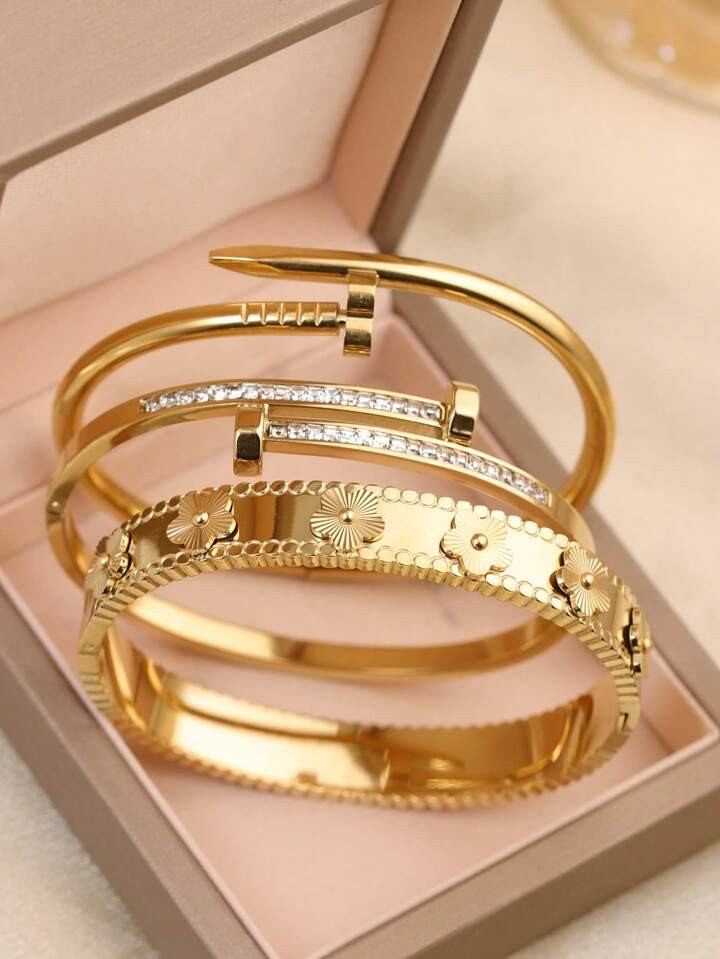 3pcs/1pc Fashion 18K Gold Plated Stainless Steel Four-Leaf Clover Nail Bracelet, Suitable For Wom... | SHEIN