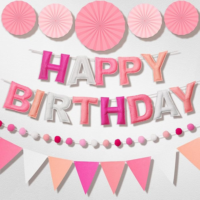 Pre-Strung 3D Felt Happy Birthday Banner, Reusable Pink Birthday Party Decorations for Women, Hap... | Amazon (US)