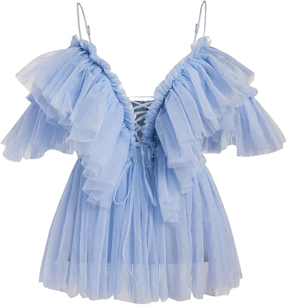 PAODIKUAI Women's Off Shoulder Deep V Neck Lace Up Sling Top Ruffles Peplum Tops Shirt | Amazon (US)