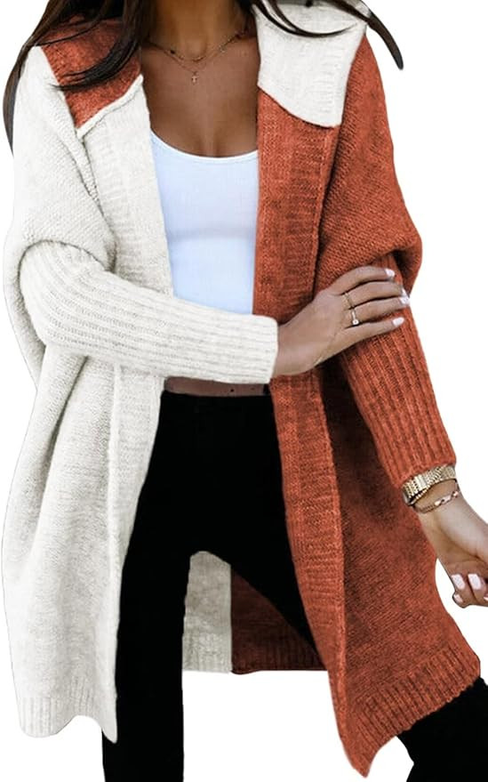 Astylish Women 2024 Open Front Long Sleeve Hooded Knit Cardigan Sweaters Color Block Outwear Coat | Amazon (US)